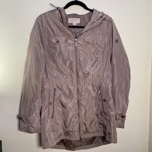 Michael Kors Jacket Women Medium Beige Gold Accents Hooded Zip Up Coat Adj Waist